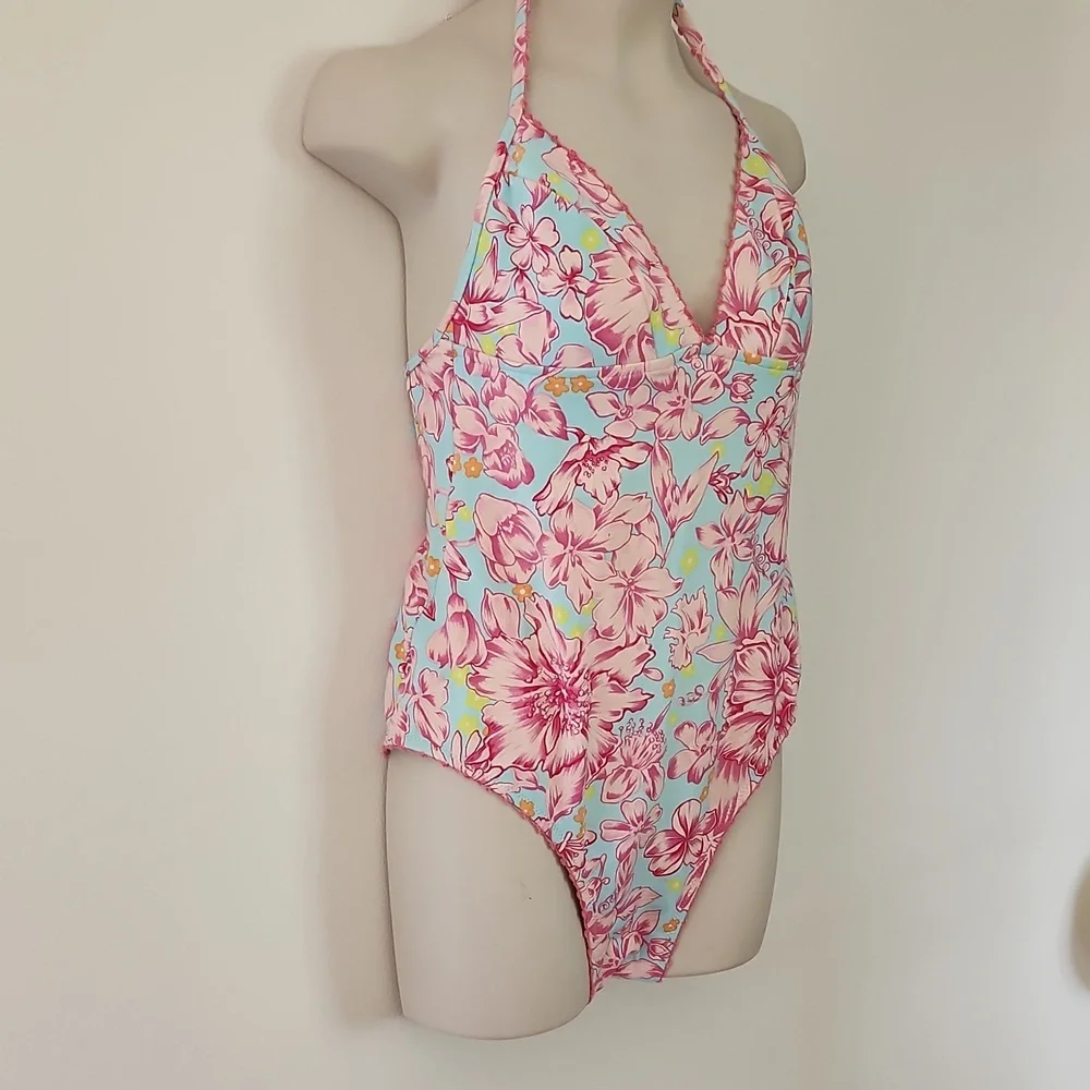 Rosa Ferrer one piece swimsuit pink and turquoise floral bathing suit size 10 - Picture 3 of 9